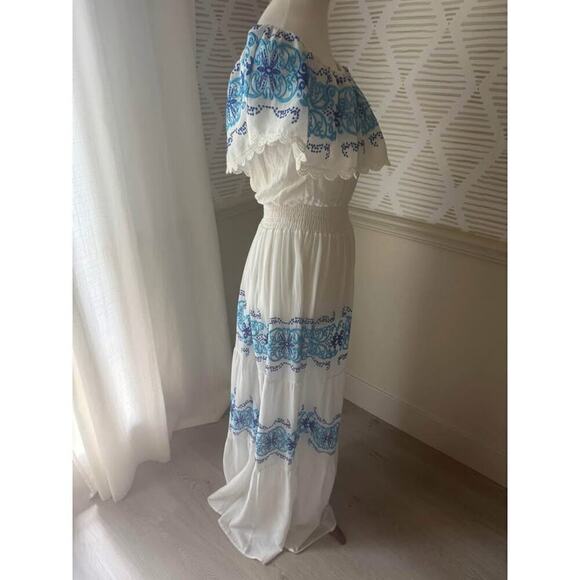 Nightcap Large White Greek Isle Embroidered Off Shoulder Flowy Maxi Dress - Picture 8 of 10